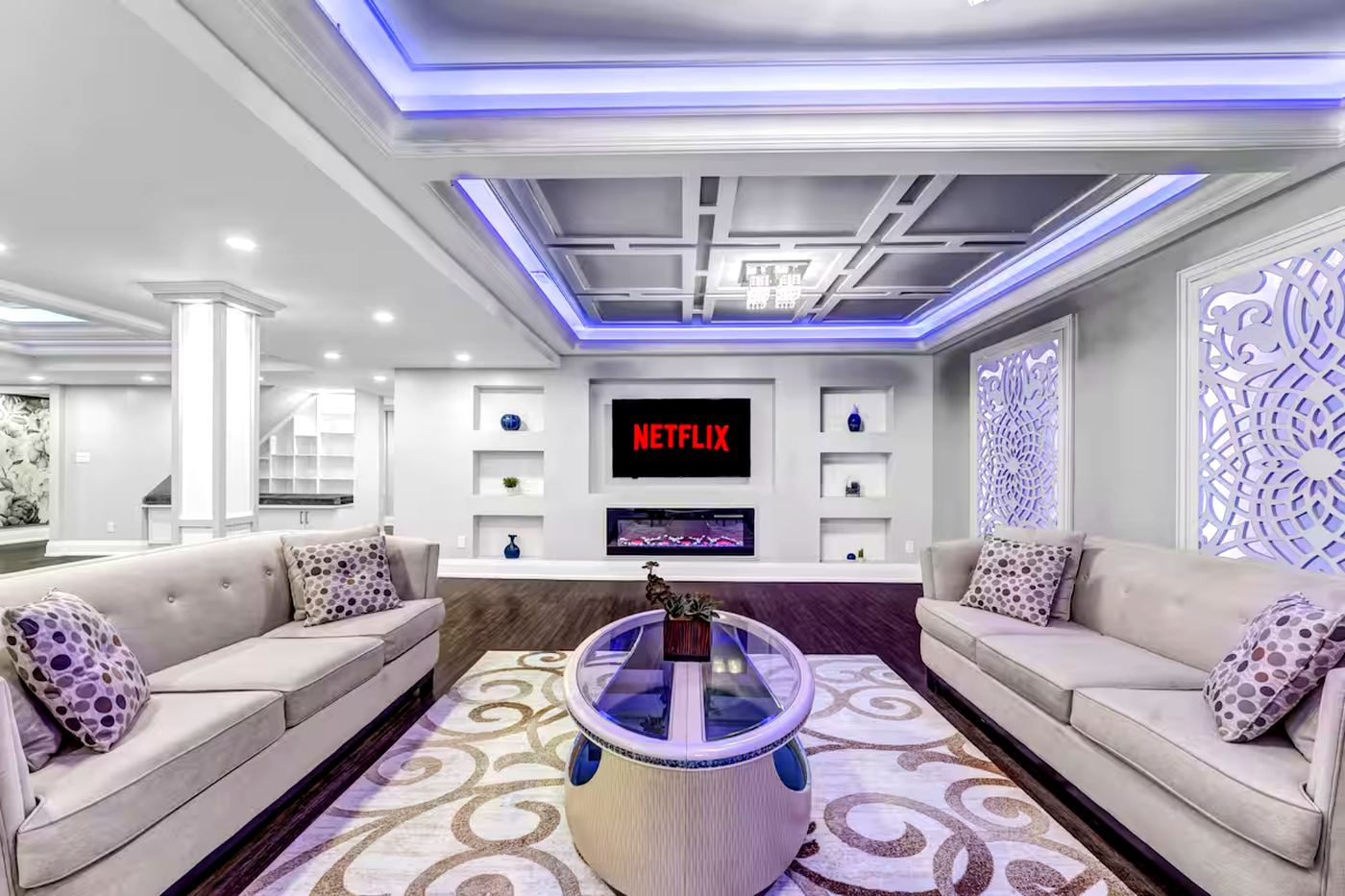 Basement Lounge · Smart TV & Fireplace